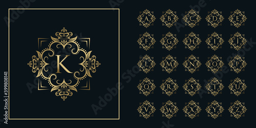 Letter k logo and initial alphabet collection with floral frame, gold ornament logo template
