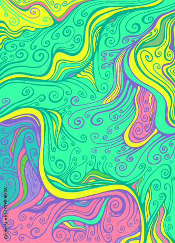 Rainbow Colorful Psychedelic curly waves pattern. Fantastic art with decorative texture.