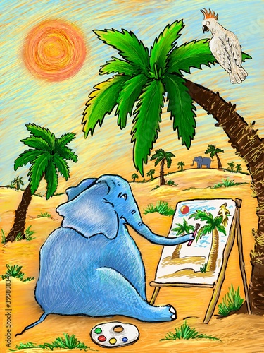 Cute blue elephant painting a cockatoo in a desert photo