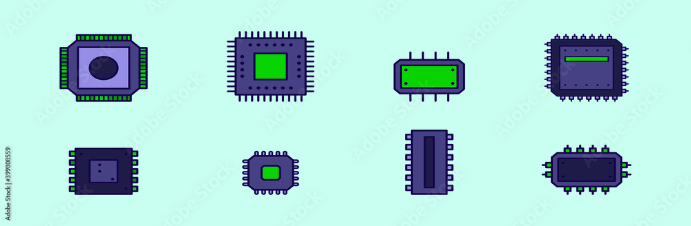 set of computer chips cartoon icon design template with various models. vector illustration isolated on blue background set of computer chips cartoon icon design template with various models. vector illustration isolated on blue background