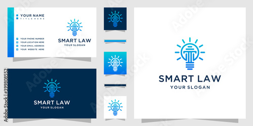 Smart law logo. Bulb lamp and pillar logo with business card