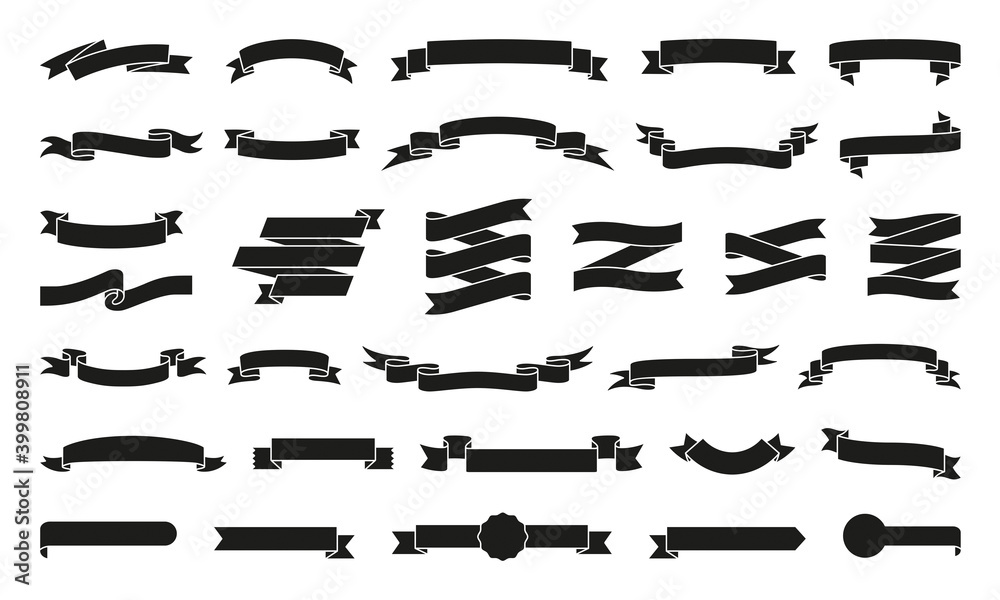 Paper Ribbon black silhouette icons vector set