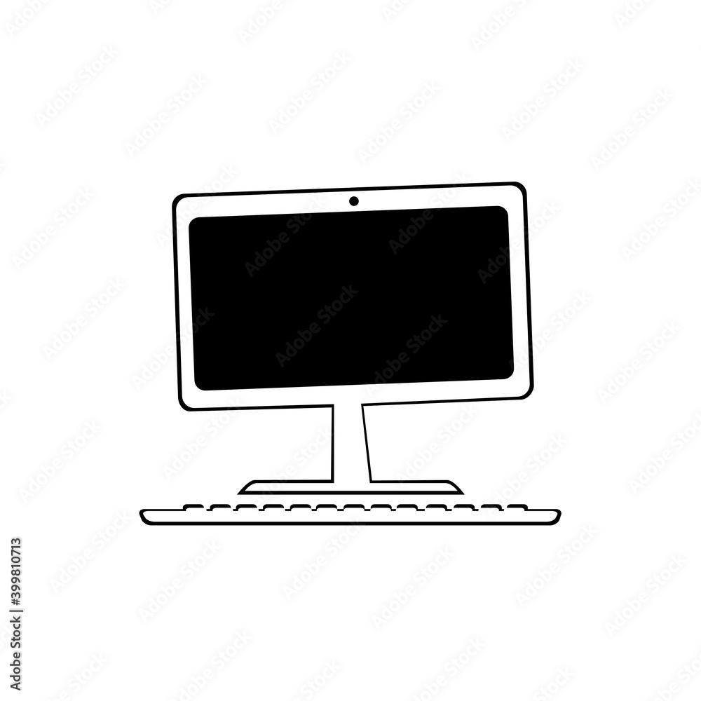 desktop computer black and white. 2d flat desktop computer black and white. 2d flat