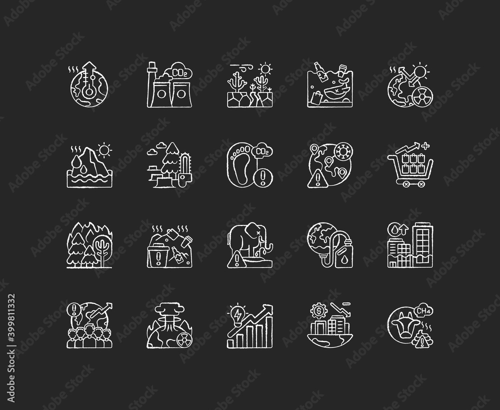 Global warming chalk white icons set on black background. Making climate change. Humanity problems solving. Planet damaging with reducing life resources. Isolated vector chalkboard illustrations