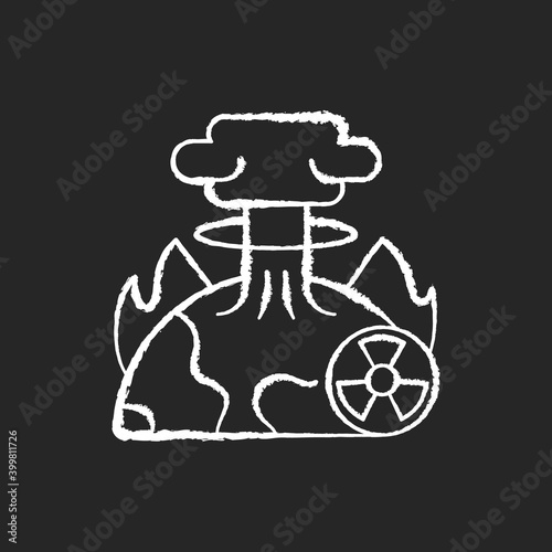 Apocalypse chalk white icon on black background. End of whole world existence. Damaging every people life. Humanity stop living. Awful scenario. Isolated vector chalkboard illustration