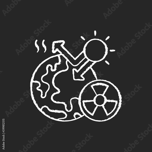 Radiative forcing chalk white icon on black background. Earth and energy radiated back to space. Greenhouse effect on planets. Dangerous life problems. Isolated vector chalkboard illustration