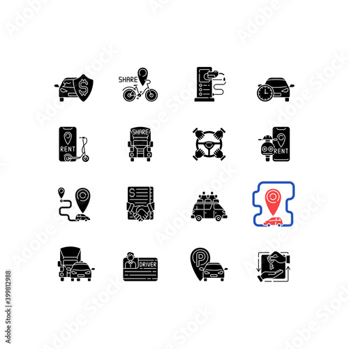Car sharing and rental service black glyph icons set on white space. One way carsharing for everybody. Parking area for different vehicles. Silhouette symbols. Vector isolated illustration
