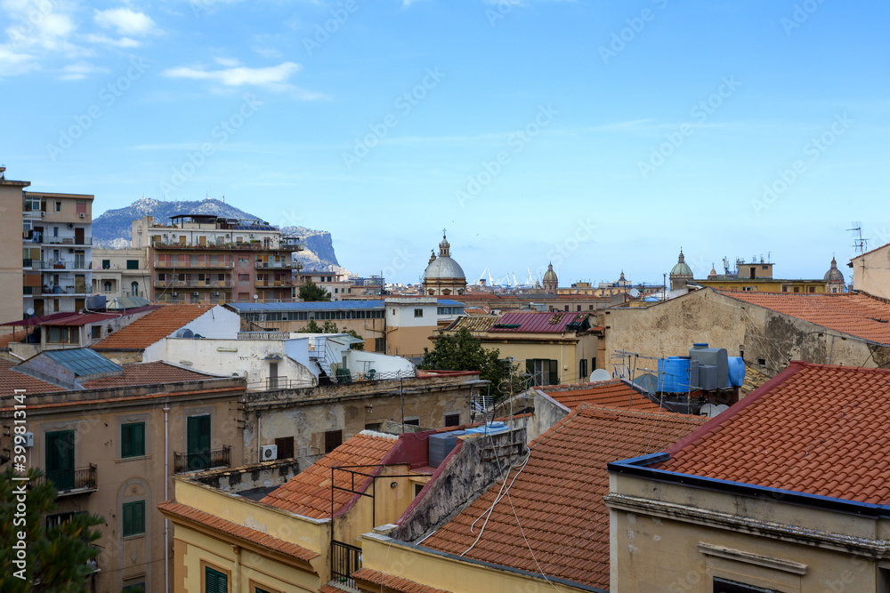 Aerial view of the city of Palermo on the ancient roofs