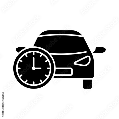 Rent by hour black glyph icon. Getting automobile for short period of time. Modern business with cars and trucks giving. Silhouette symbol on white space. Vector isolated illustration