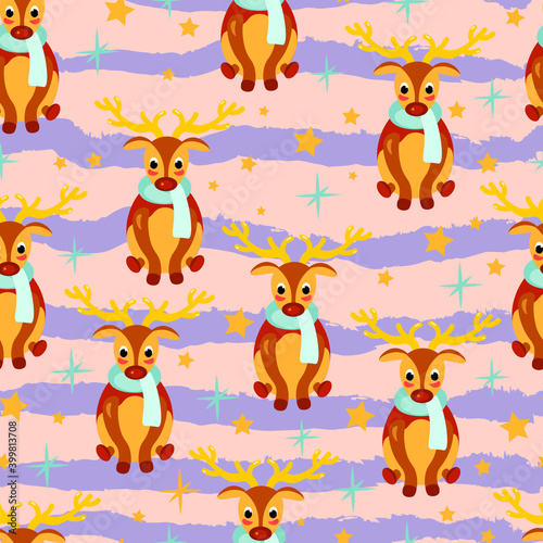 cute christmas rein deers winter. Flat design characters isolated on pink background. Concept for wallpaper, wrapping paper, cards 