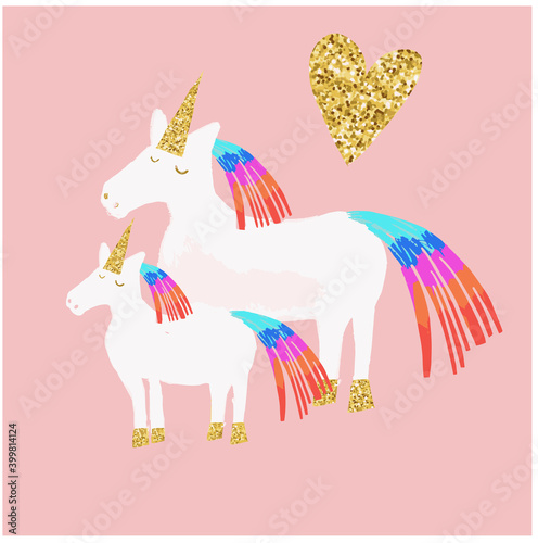 Cute unicorn mum and child, with rainbow hair. Vector cartoon illustration. Design elements for Valentine's day.Vector illustration. Wallpaper, flyers, invitation, posters, brochure, banners.