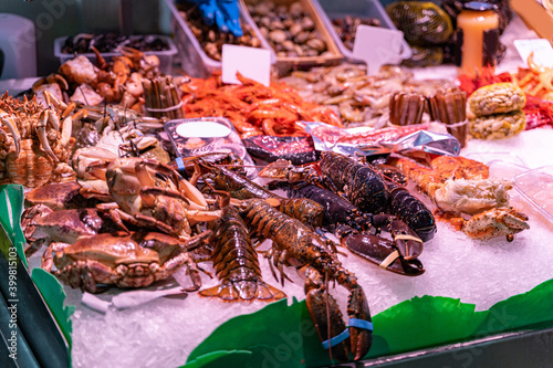 Different sorts of fish, crayfishes, crabs, molluscs, arthropods at fish market