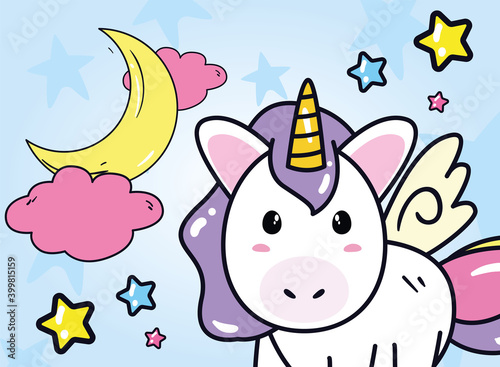 unicorn horse cartoon with moon clouds and stars vector design