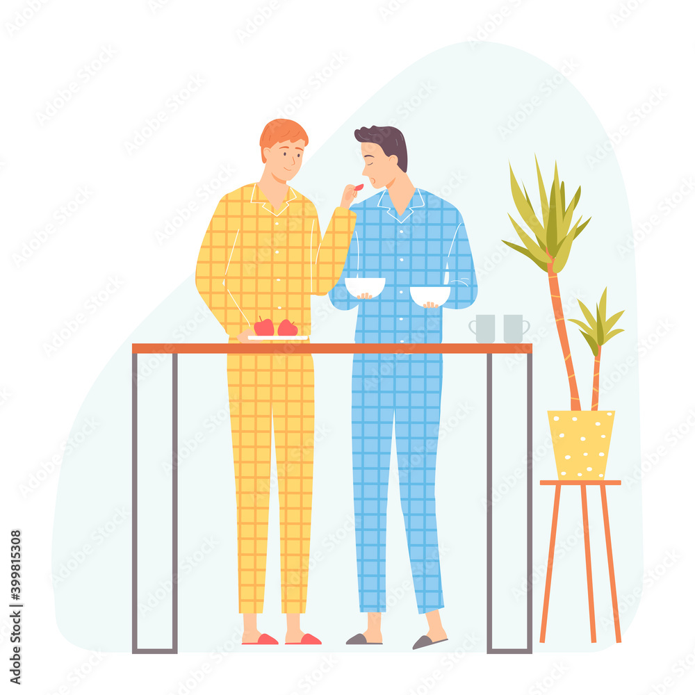 Fototapeta premium Two men preparing breakfast. Gay couple. Vector illustration in hand drawn flat style.