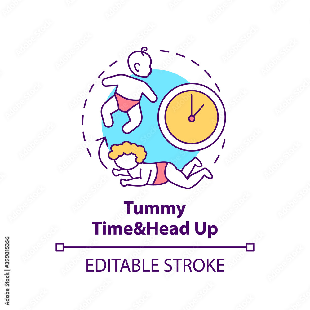 Tummy time and head up concept icon. Baby crawling. Newborn laying. Early childhood development idea thin line illustration. Vector isolated outline RGB color drawing. Editable stroke Tummy time and head up concept icon. Baby crawling. Newborn laying. Early childhood development idea thin line illustration. Vector isolated outline RGB color drawing. Editable stroke