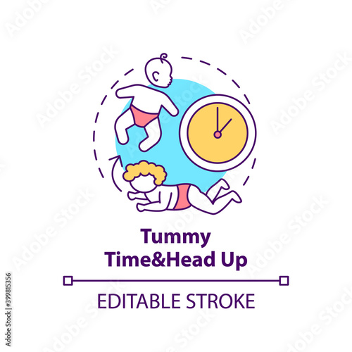 Tummy time and head up concept icon. Baby crawling. Newborn laying. Early childhood development idea thin line illustration. Vector isolated outline RGB color drawing. Editable stroke