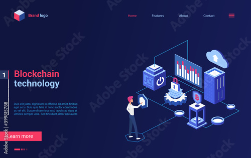 3d cartoon tiny people work with blockchain website design, make money cryptocurrency analytics, trade or exchange bitcoin concept landing page. Isometric blockchain crypto technology illustration