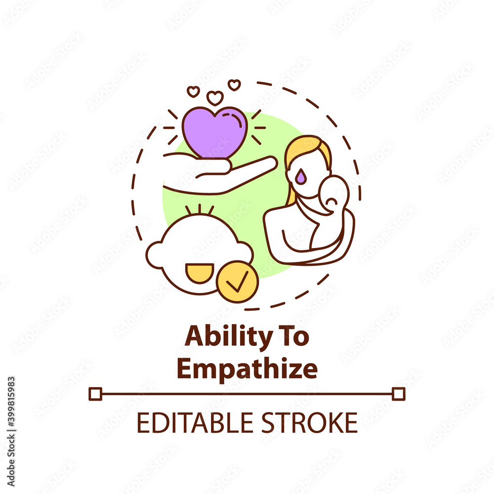 Ability to empathize concept icon. Recognize, understand emotion. Kid empathy. Early childhood development idea thin line illustration. Vector isolated outline RGB color drawing. Editable stroke Ability to empathize concept icon. Recognize, understand emotion. Kid empathy. Early childhood development idea thin line illustration. Vector isolated outline RGB color drawing. Editable stroke