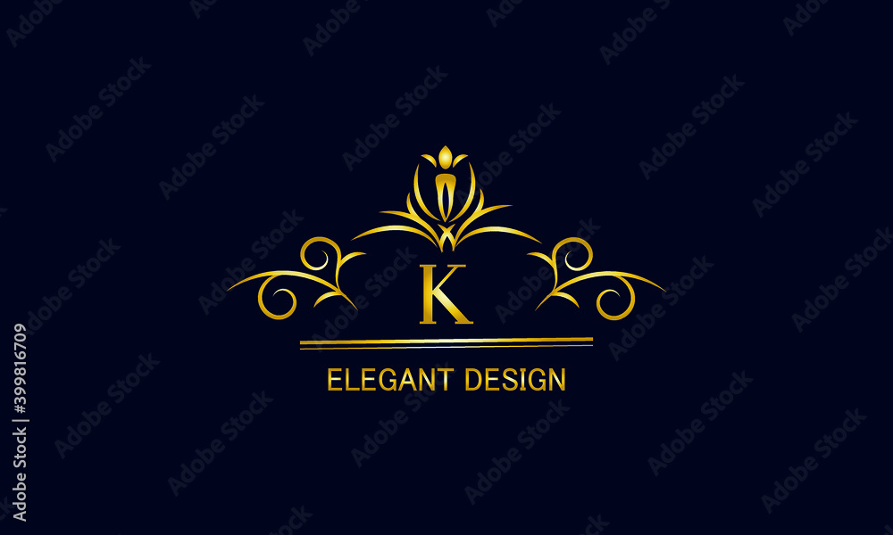 Golden monogram on a black background with the letter K. Graceful logo with the initial. Universal emblem, symbol of restaurant, business, greeting cards, invitations. Golden monogram on a black background with the letter K. Graceful logo with the initial. Universal emblem, symbol of restaurant, business, greeting cards, invitations.