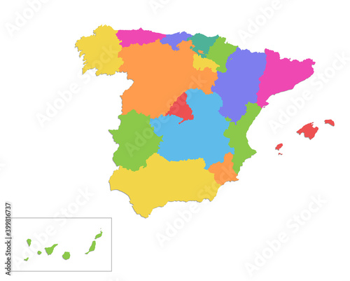 Spain map, administrative division, separate individual regions, color map isolated on white background blank