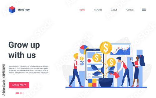 Website landing page design with cartoon flat tiny business people watering gold coin money growing plant tree in pot, investing money. Business investment profit growth concept vector illustration