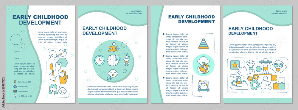 Early childhood development brochure template. Playing and learning. Flyer, booklet, leaflet print, cover design with linear icons. Vector layouts for magazines, annual reports, advertising posters