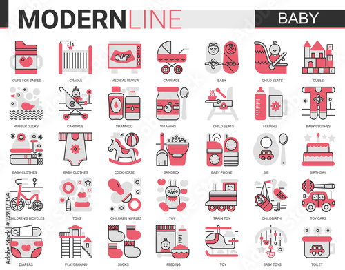 Baby care flat line complex web icon vector illustration set. Red black design newborn infant child, baby accessories, clothes, toys. Maternity and childhood collection.