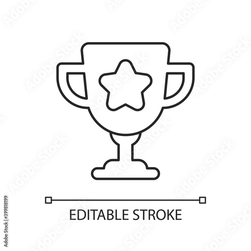 Game win linear icon. Videogame success achievement. Esports tournament, championship prize thin line customizable illustration. Contour symbol. Vector isolated outline drawing. Editable stroke