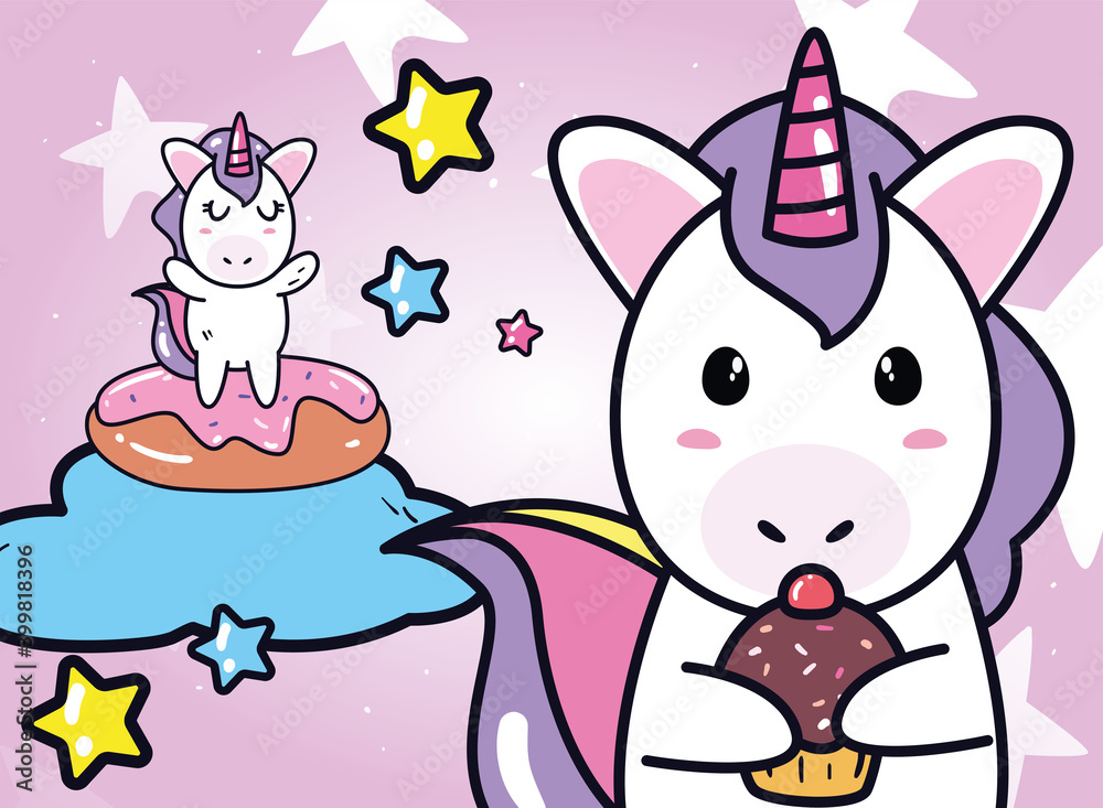 unicorns horses cartoons with cake on cloud and cupcake vector design unicorns horses cartoons with cake on cloud and cupcake vector design