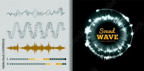 Vector sound waves set on black and white background. Soundwave amplitude equalizer