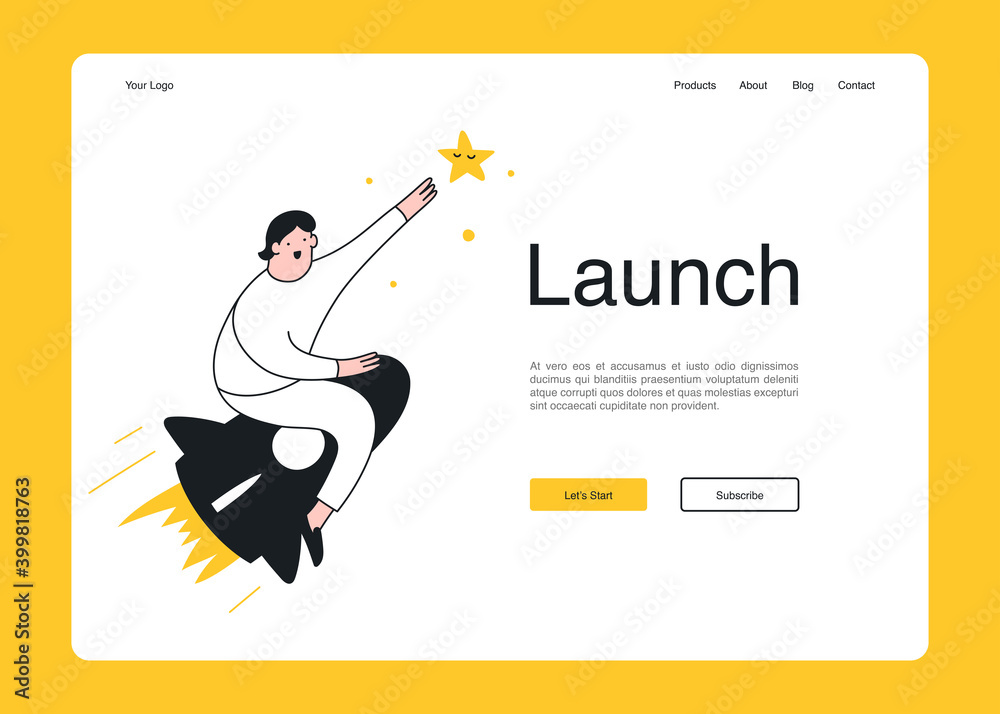 Startup business, product launch homepage concept. Cute cartoon man is sitting on the rocket and trying to catch the star. Flat line vector UI vector illustration. 