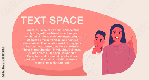 Portrait of two young people, a boy and a girl. A young couple is thinking about something. I thought about the idea. Space for text, copy space, banner design