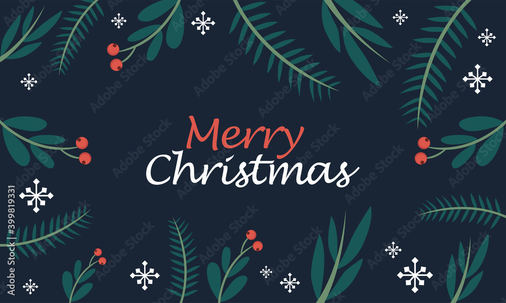 Merry christmas banner with snowflakes and leaves - Vector illustration