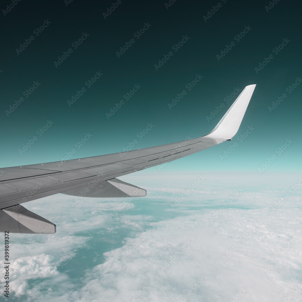 Obraz premium The wing of an airplane in a pure day sky