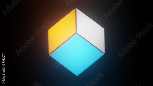 A 3D rendered illustration of a cube glowing white , blue and orange tone in the balck background
