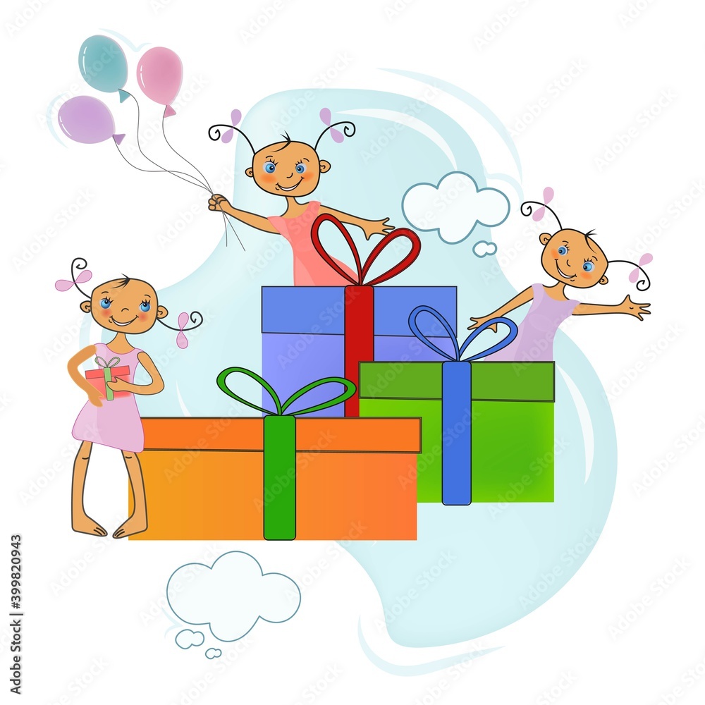 Fototapeta premium Cute cartoon funny girls with bright gifts.Blue, orange, green colors. Modern design.
