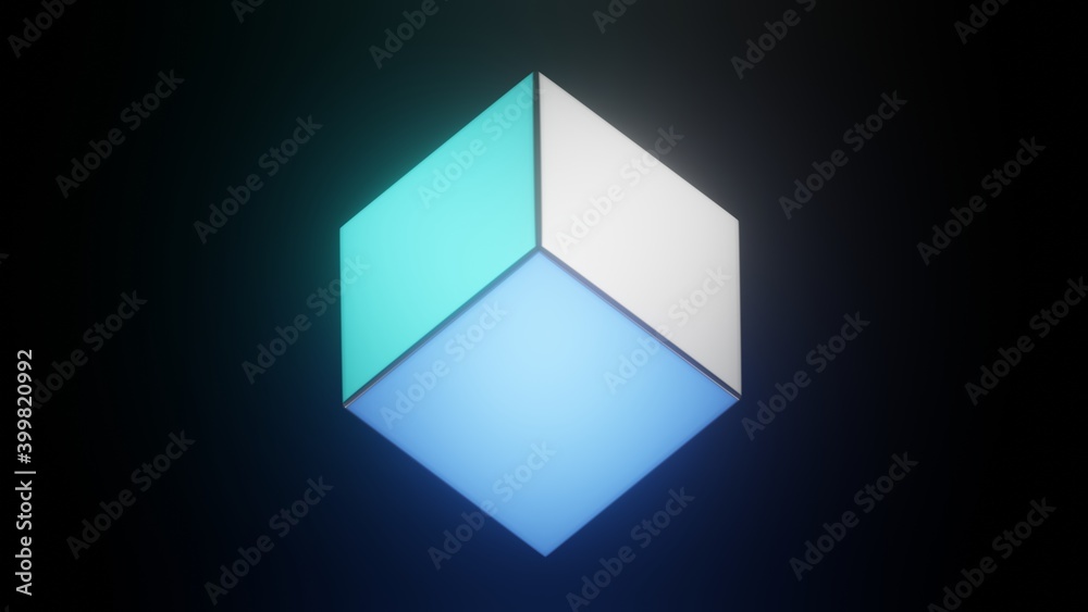 A 3D rendered illustration of a cube glowing white - blue tone in the balck background
