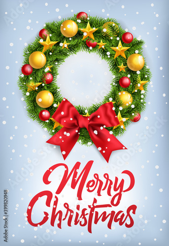 Postcard wirh Christmas wreath in snow and big red bow and New Years toys. Decorated wreath of pine branches and lettering Merry Christmas, vector illustration