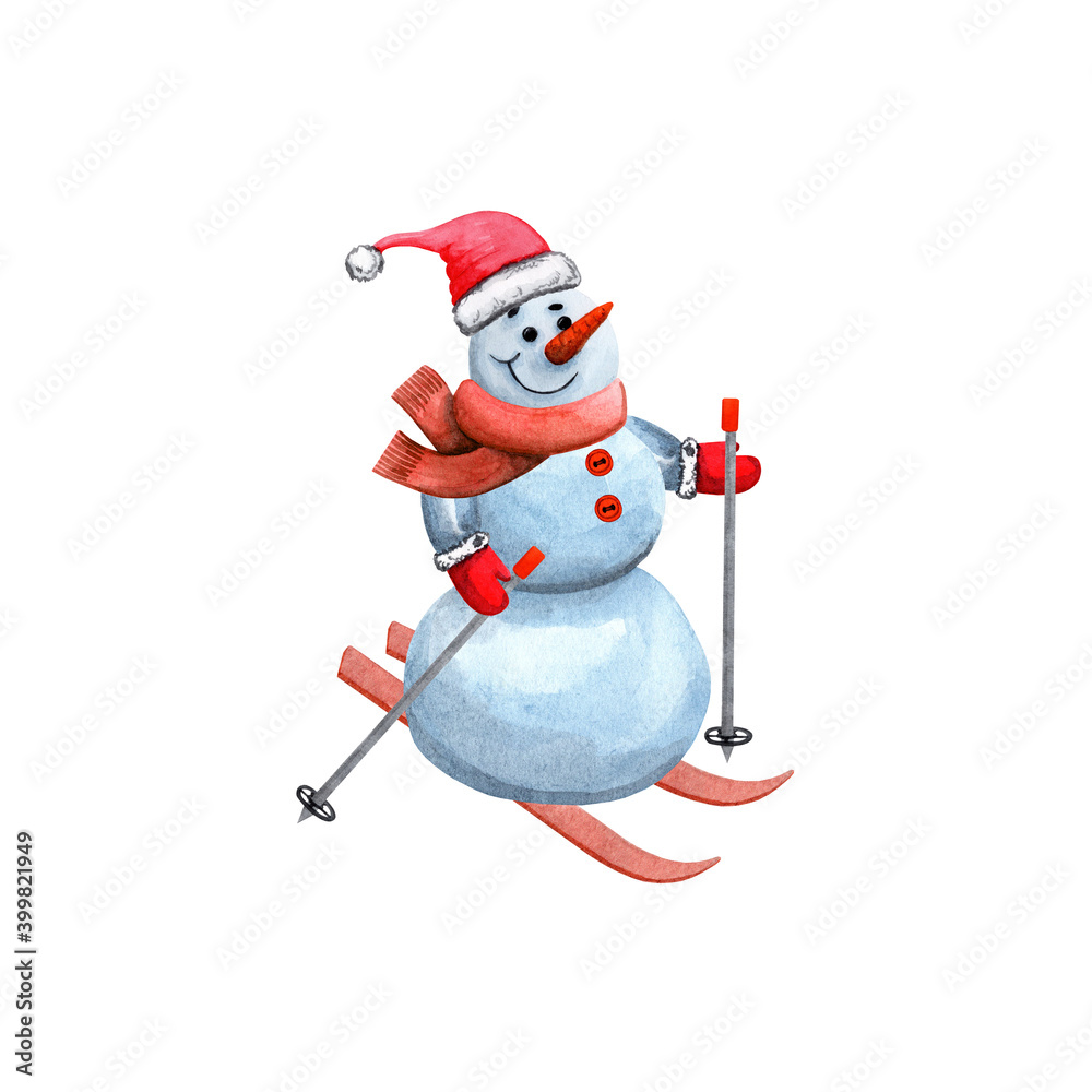 Snowman Santa Claus on winter skiing. New Year and Christmas card, calendar, print. Hand drawn watercolor painting on white background Snowman Santa Claus on winter skiing. New Year and Christmas card, calendar, print. Hand drawn watercolor painting on white background