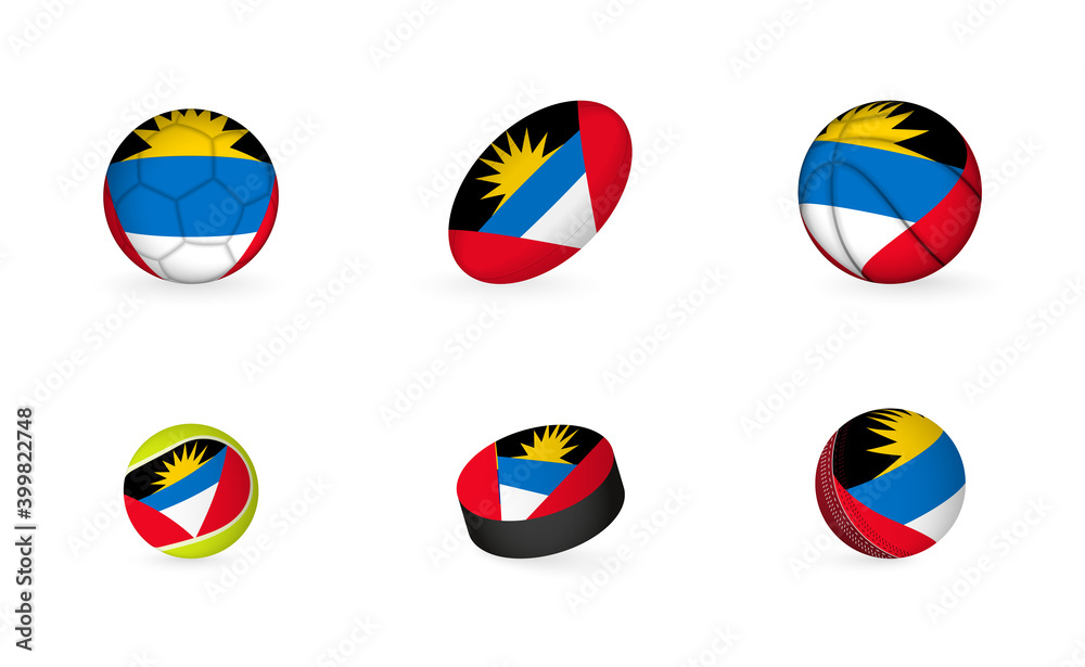 Sports equipment with flag of Antigua and Barbuda. Sports icon set. Sports equipment with flag of Antigua and Barbuda. Sports icon set.