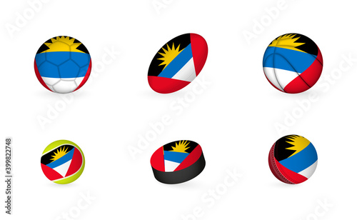 Sports equipment with flag of Antigua and Barbuda. Sports icon set.