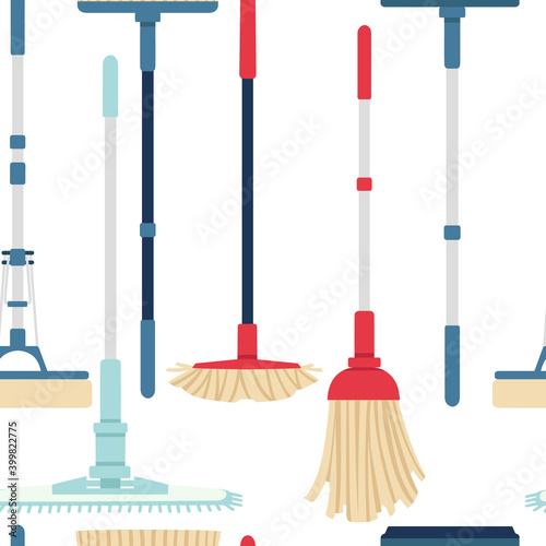 Seamless pattern of cleaning modern plastic mops domestic must have tools flat vector illustration on white background