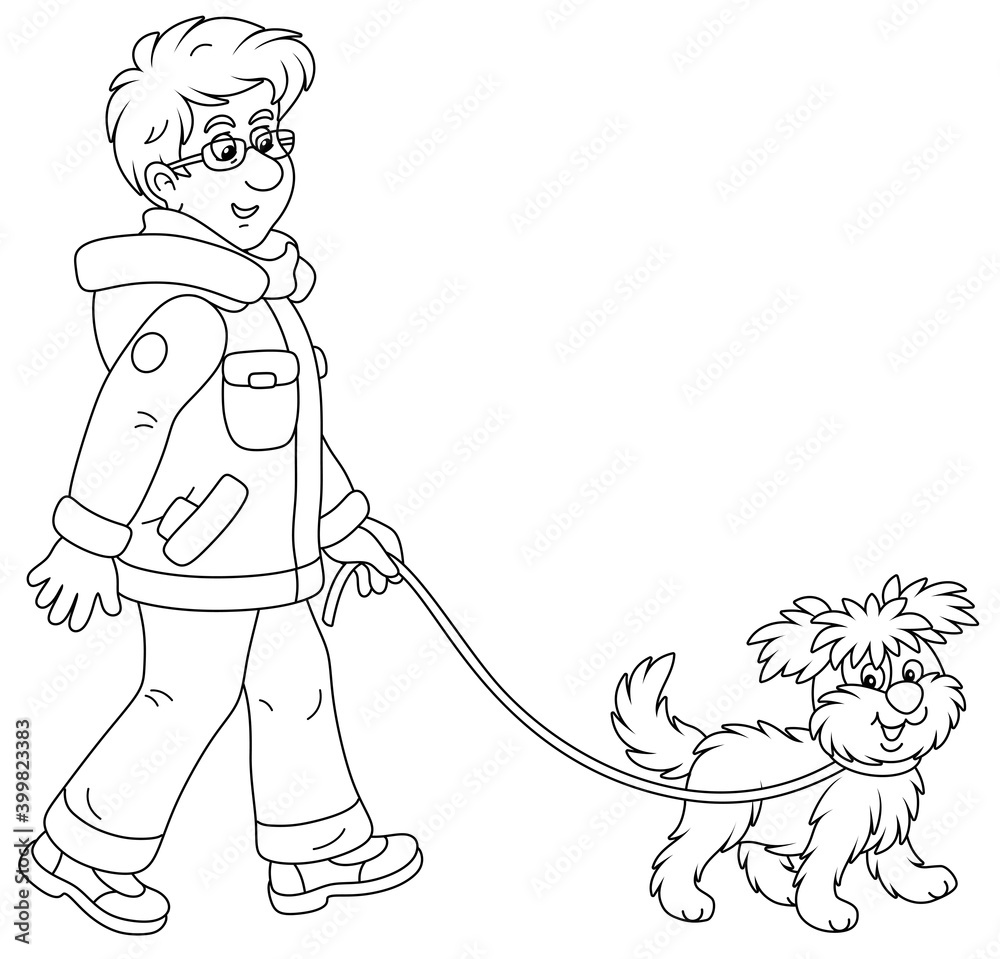 Fototapeta premium Young man in winter clothes walking in a good mood with his cheerful shaggy dog, black and white outline vector cartoon illustration