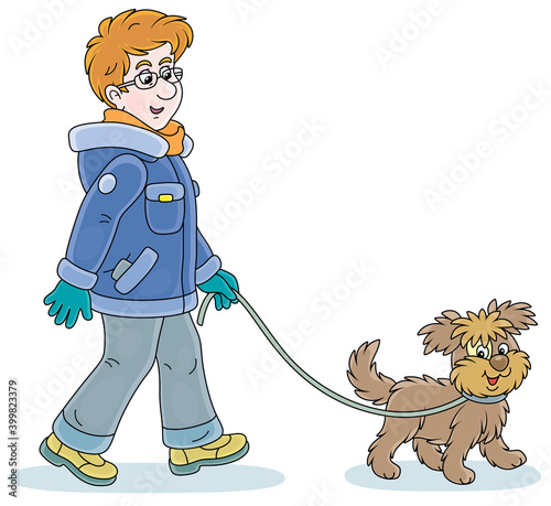 Young man in winter clothes walking in a good mood with his cheerful shaggy dog, vector cartoon illustration on a white background