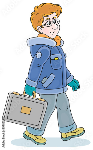 Young man in winter clothes holding a briefcase and walking with vigorous strides in a good mood, vector cartoon illustration on a white background