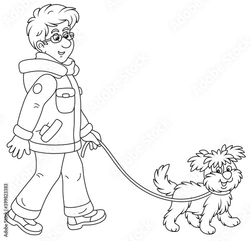 Young man in winter clothes walking in a good mood with his cheerful shaggy dog, black and white outline vector cartoon illustration