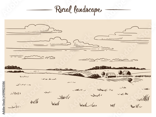 Hand drawn sketch of the countryside with cows grazing in the meadow. Suitable for decoration of natural farm products, dairy production.