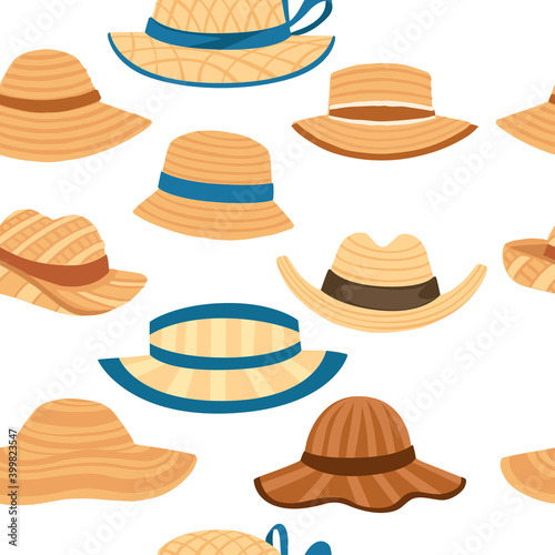 Seamless pattern of natural summer hay hat with strap and bow flat vector illustration on white background