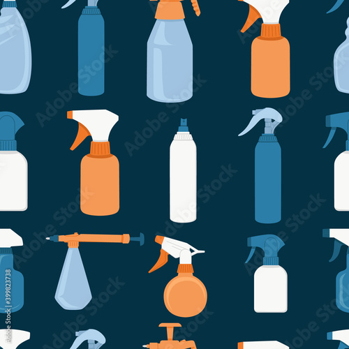 Seamless pattern of spray plastic bottles colorful and different forms spray for water or chemical liquid antiseptic flat vector illustration on dark blue background