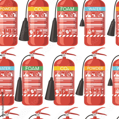Seamless pattern of different fire extinguisher with safe labels simple tips how to use flat vector illustration on white background photo